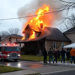 Firefighters working on a house fire in Kansas City