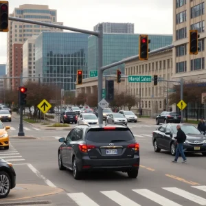 Busy intersection in Kansas City promoting road safety.