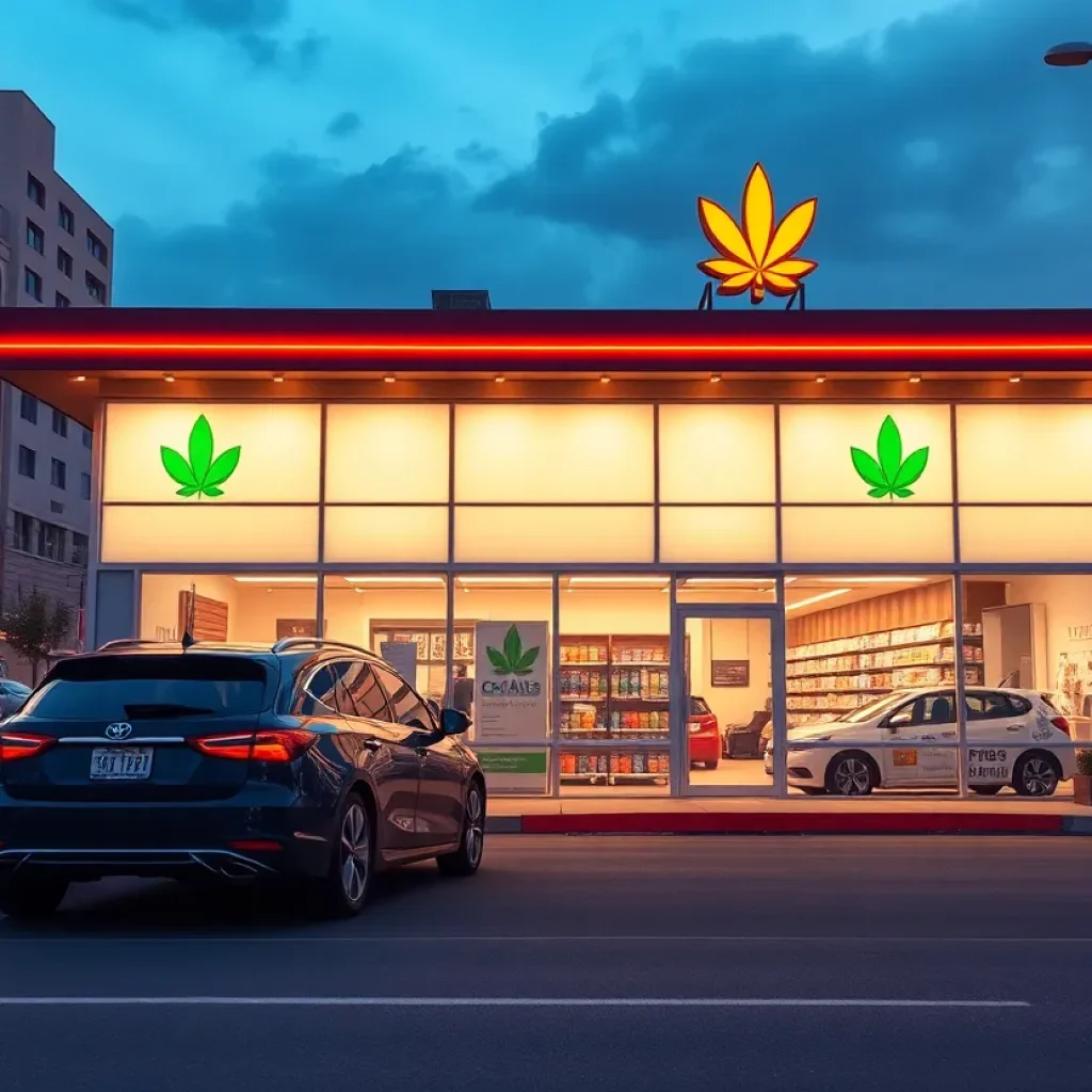 Conceptual image of a marijuana dispensary with a drive-thru in Kansas City