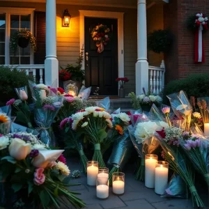 Community members gather outside a home in mourning.