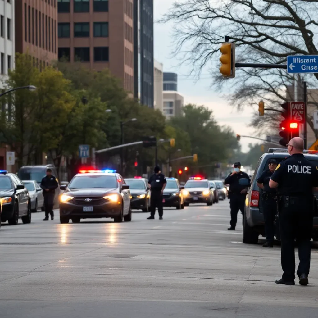 Police officers patrolling a neighborhood in Kansas City after a violent incident.