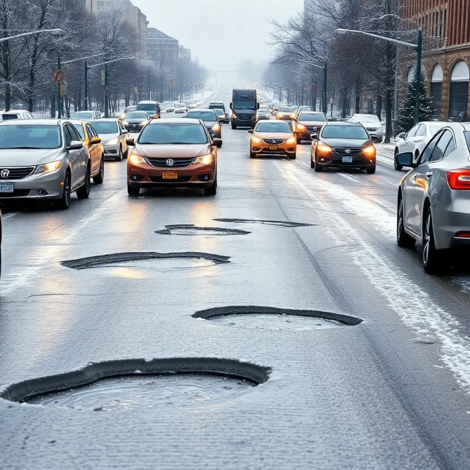 Winter scene in Kansas City showing potholes on the street