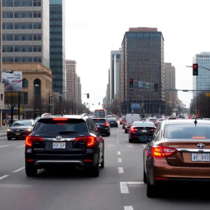 Kansas City street with vehicles safely driving