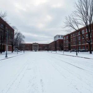 A snowy scene in Kansas City showing school buildings and empty roads during winter storm