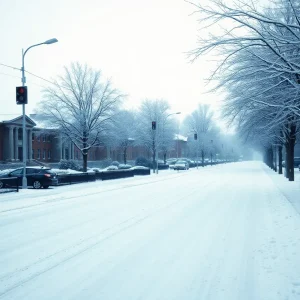 Snow-covered Kansas City school with trees and street