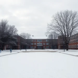 Snowy school grounds in Kansas City during winter closure