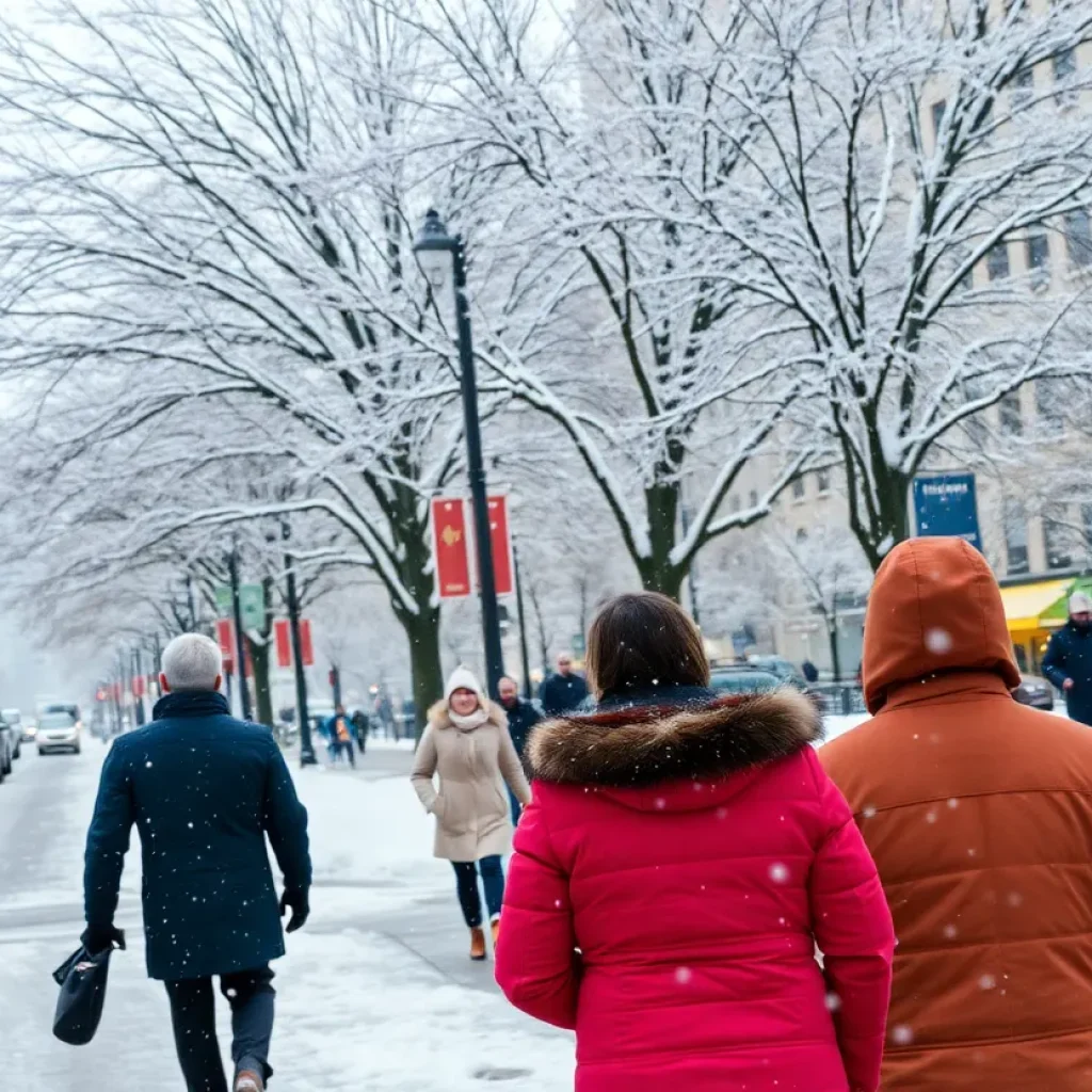 A snowy street in Kansas City during cold weather with people dressed warmly.