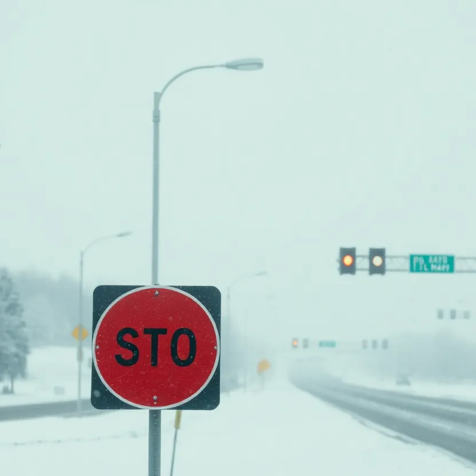 Snowy roads in Kansas City with traffic warnings