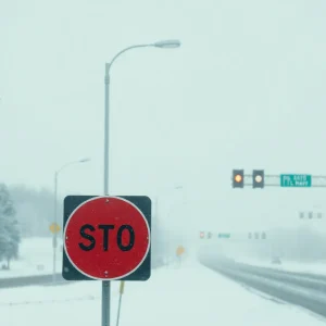 Snowy roads in Kansas City with traffic warnings