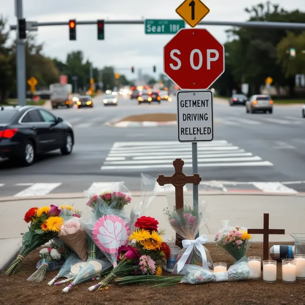 A memorial at a busy intersection in Kansas City honoring the victims of a street racing incident.