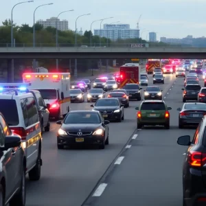 Traffic congestion on a Kansas City highway with emergency vehicles