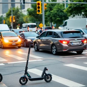 Illustration of a busy traffic intersection in Kansas City showing electric scooters and vehicles.