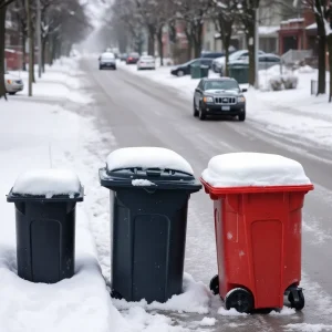 Snowy Kansas City street with trash cans