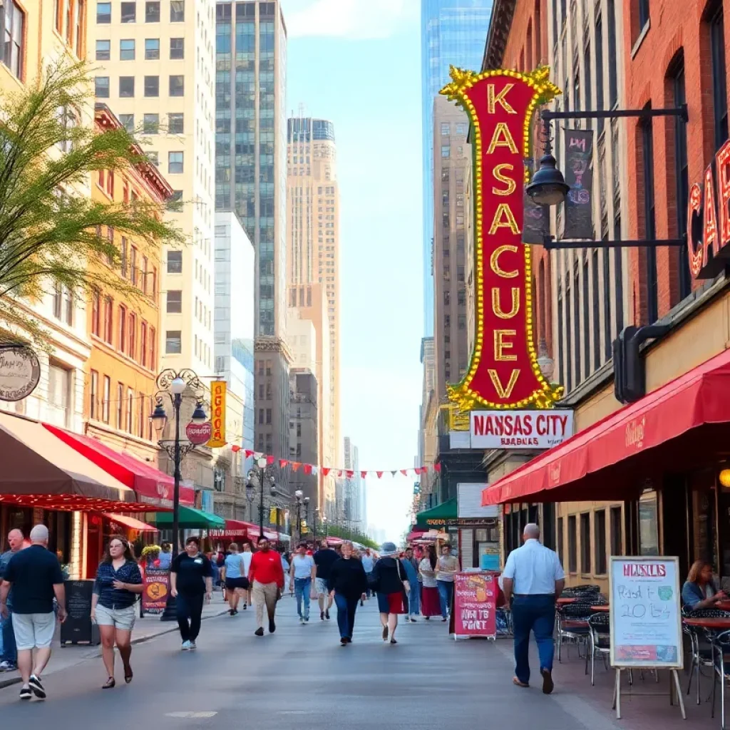 Street view in Kansas City with art and barbecue restaurants