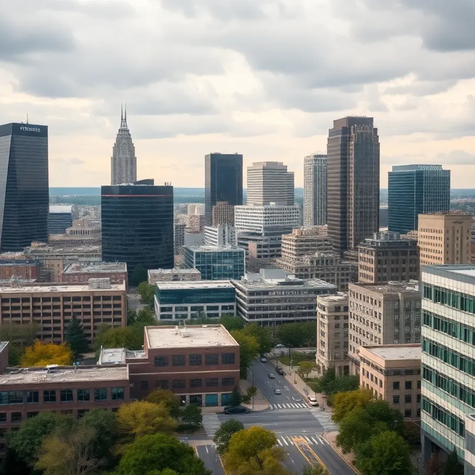 Cityscape of Kansas City with a health warning