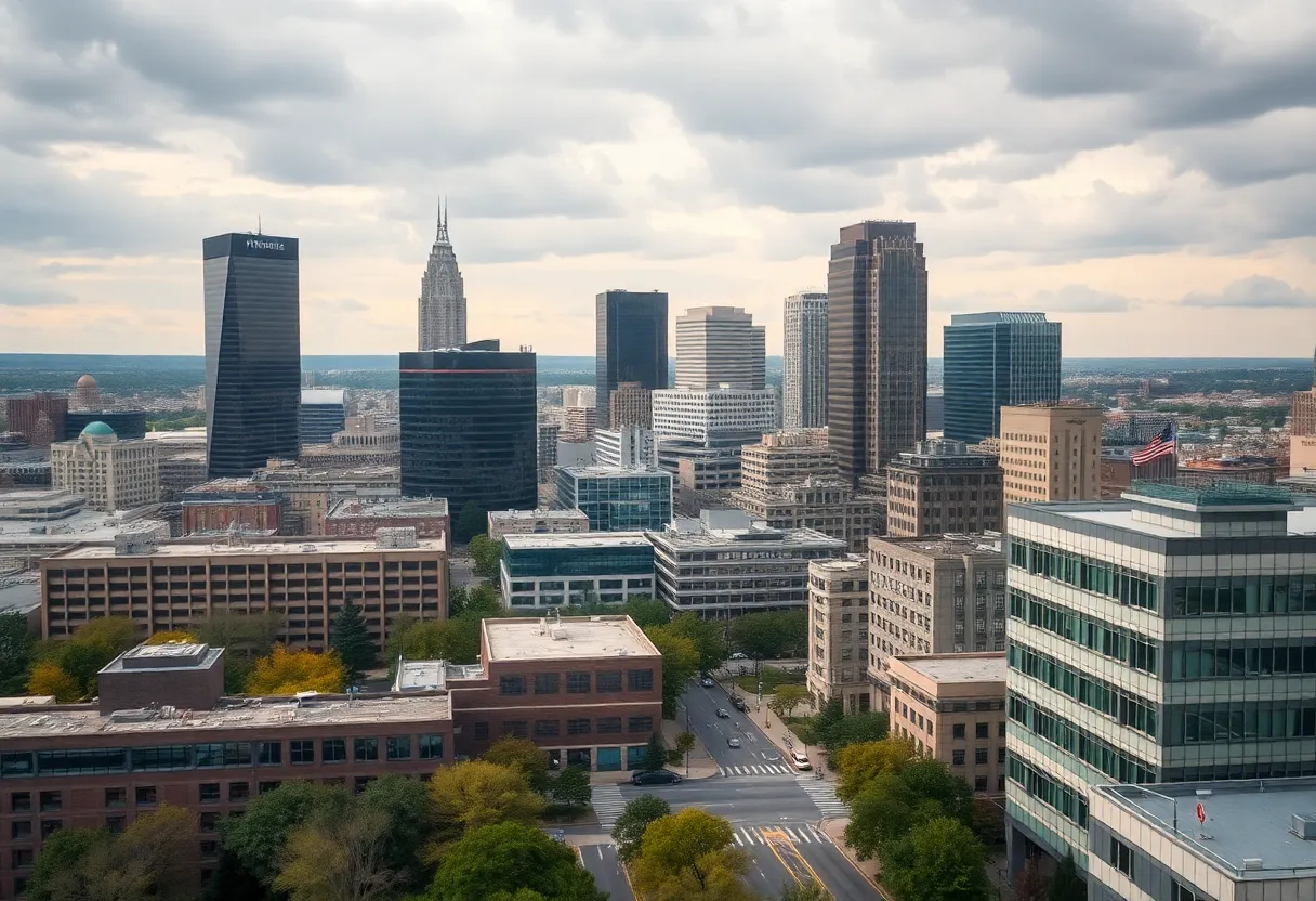 Cityscape of Kansas City with a health warning