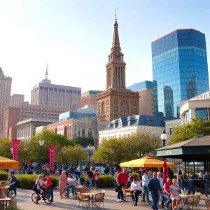 Vibrant cityscape of Kansas City with local attractions and people enjoying the atmosphere.