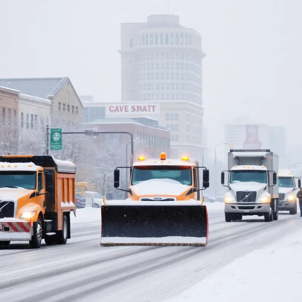 Snow plows and city workers preparing for winter storm in Kansas City