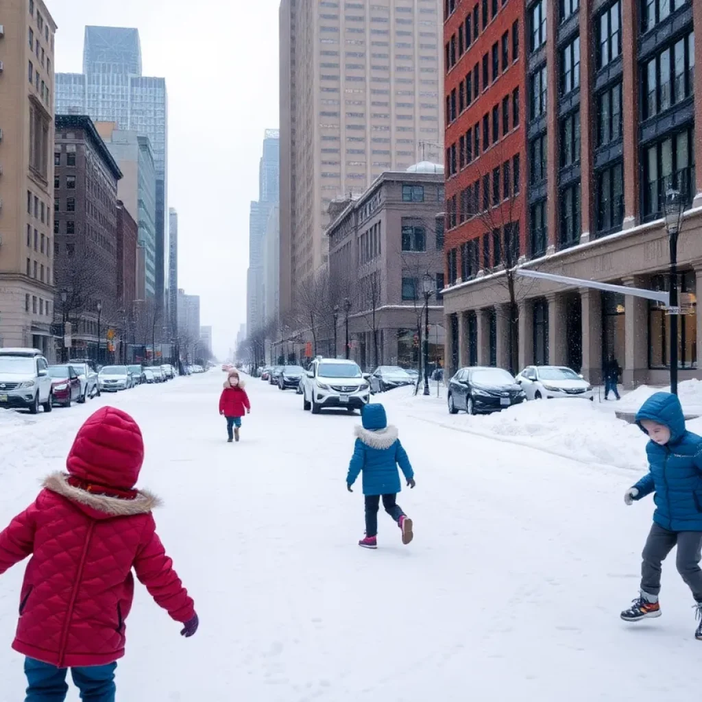 Snowy streets in Kansas City with children playing