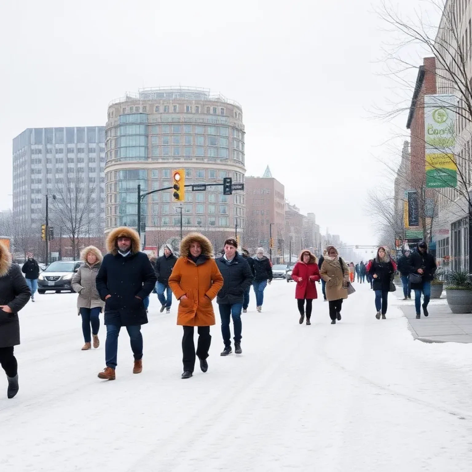 People bundled up on a snow-covered street in Kansas City