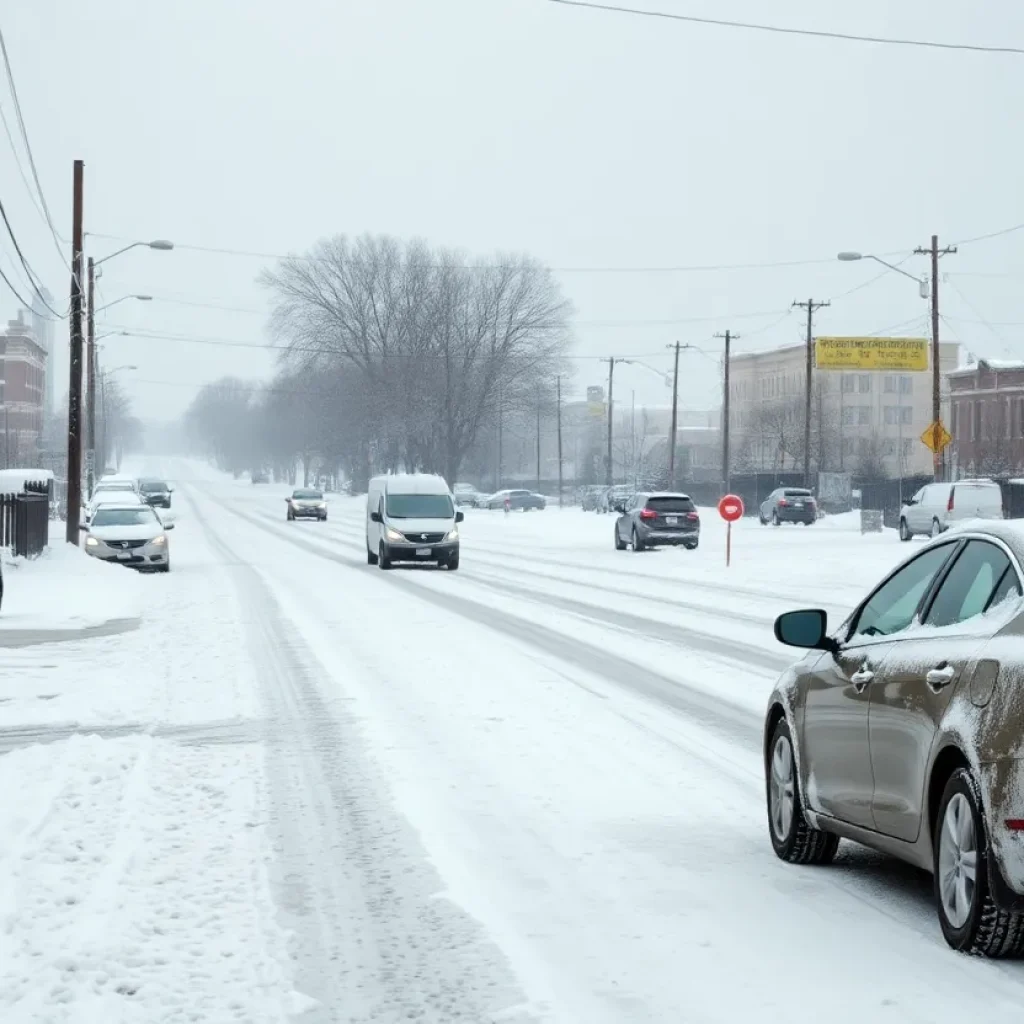 Icy street in Kansas City during winter storm