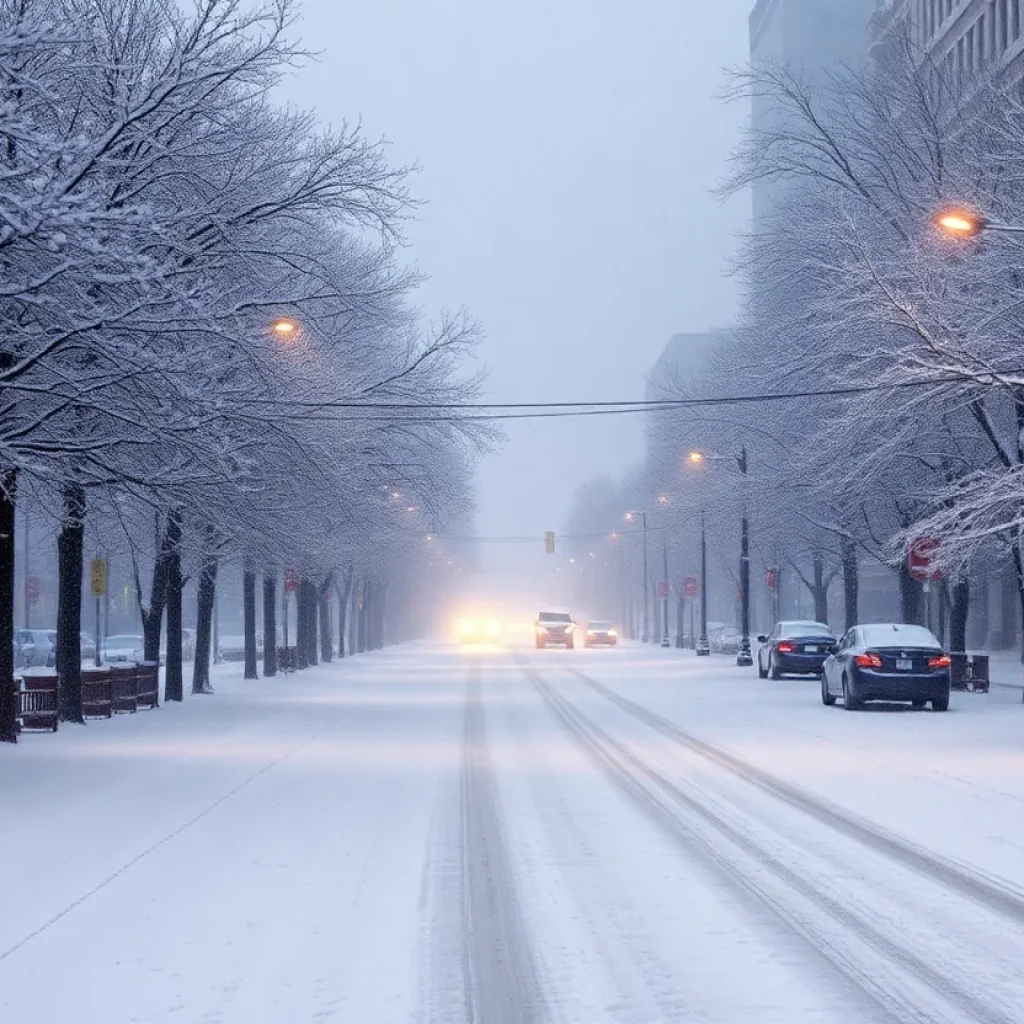 Snow-covered street in Kansas City during winter storm