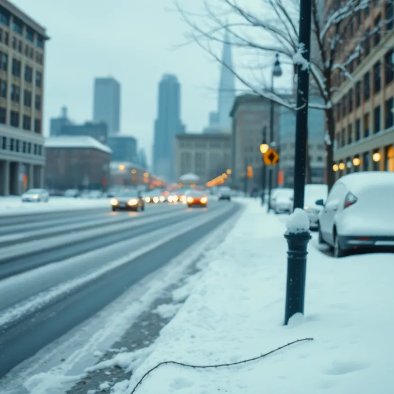 Snow-covered street in Kansas City during winter storm