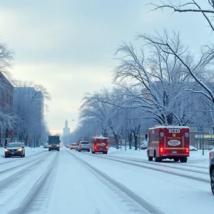 Snow-covered streets in Kansas City during a winter storm.