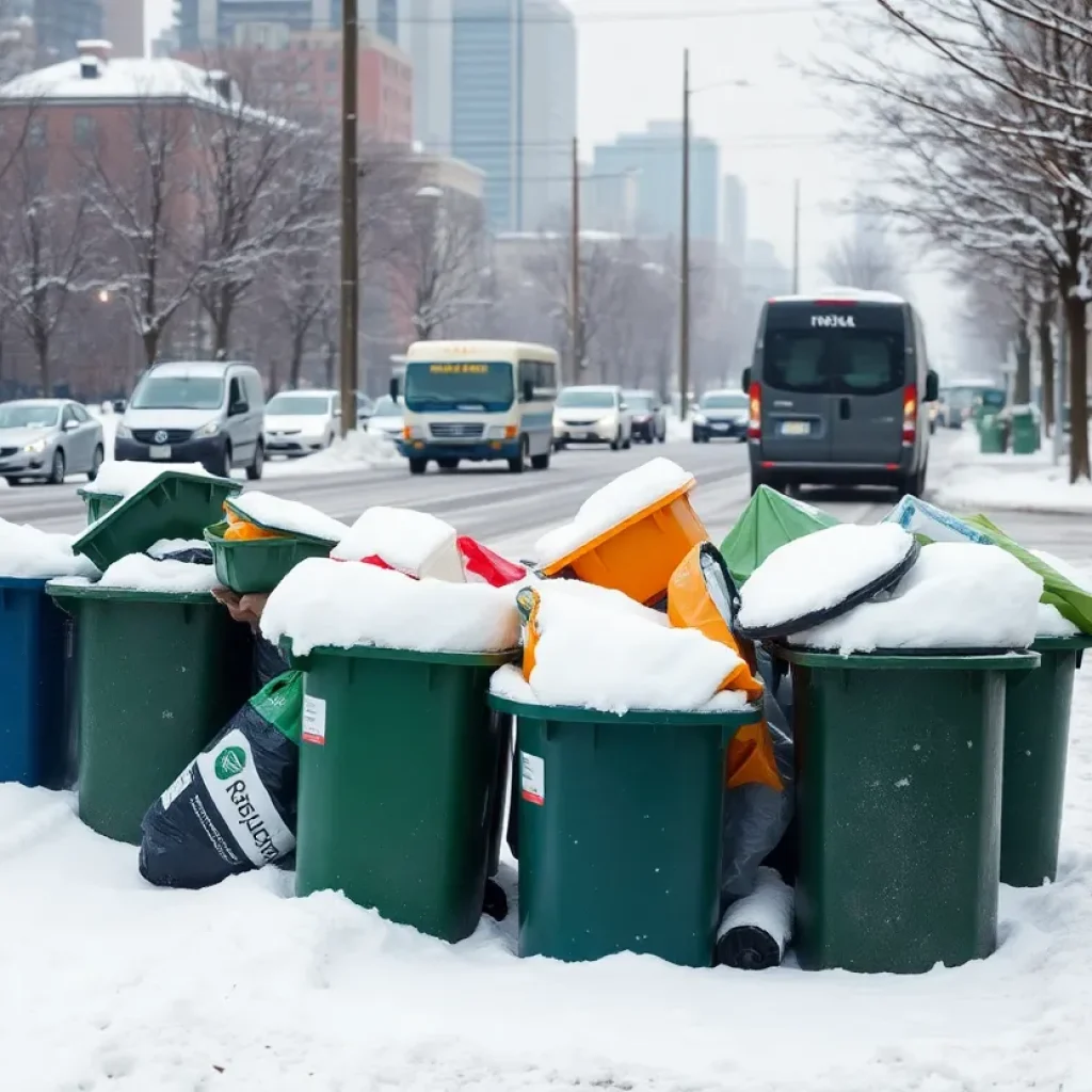 Overflowing trash bins on snow-covered streets in Kansas City