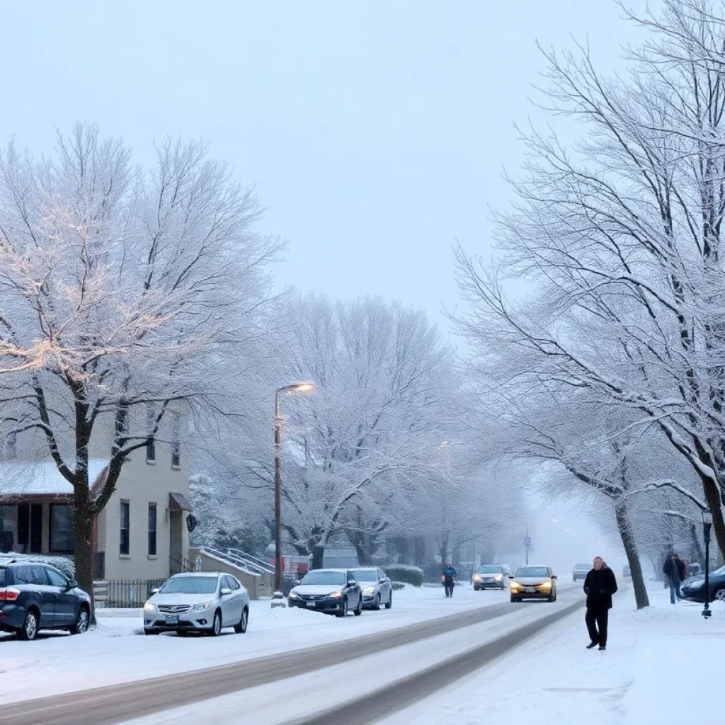 Snow-covered street in Kansas City during a winter storm