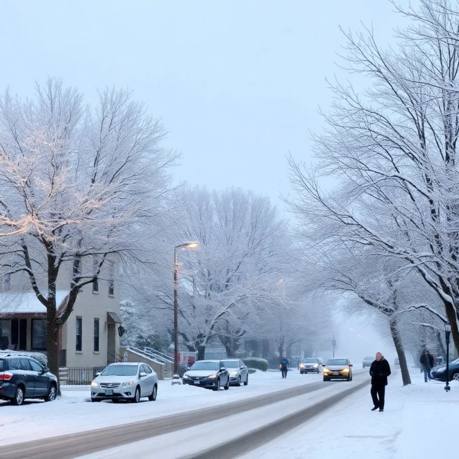 Snow-covered street in Kansas City during winter storm