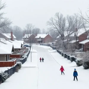 Children playing in the snow in a Kansas City neighborhood