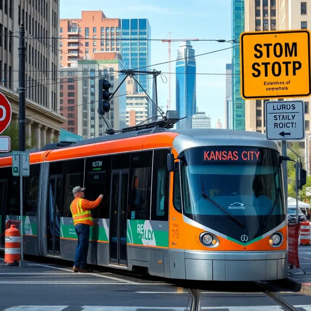 Kansas City streetcar undergoing upgrades with construction workers around.