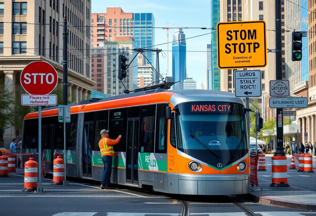 Kansas City streetcar undergoing upgrades with construction workers around.