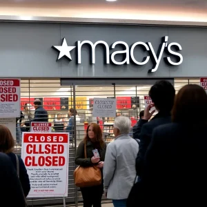 Macy's store closure with liquidation signs at Metro North Mall, Kansas City