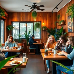 Interior of Mildred's Cafe with wooden decor and plants