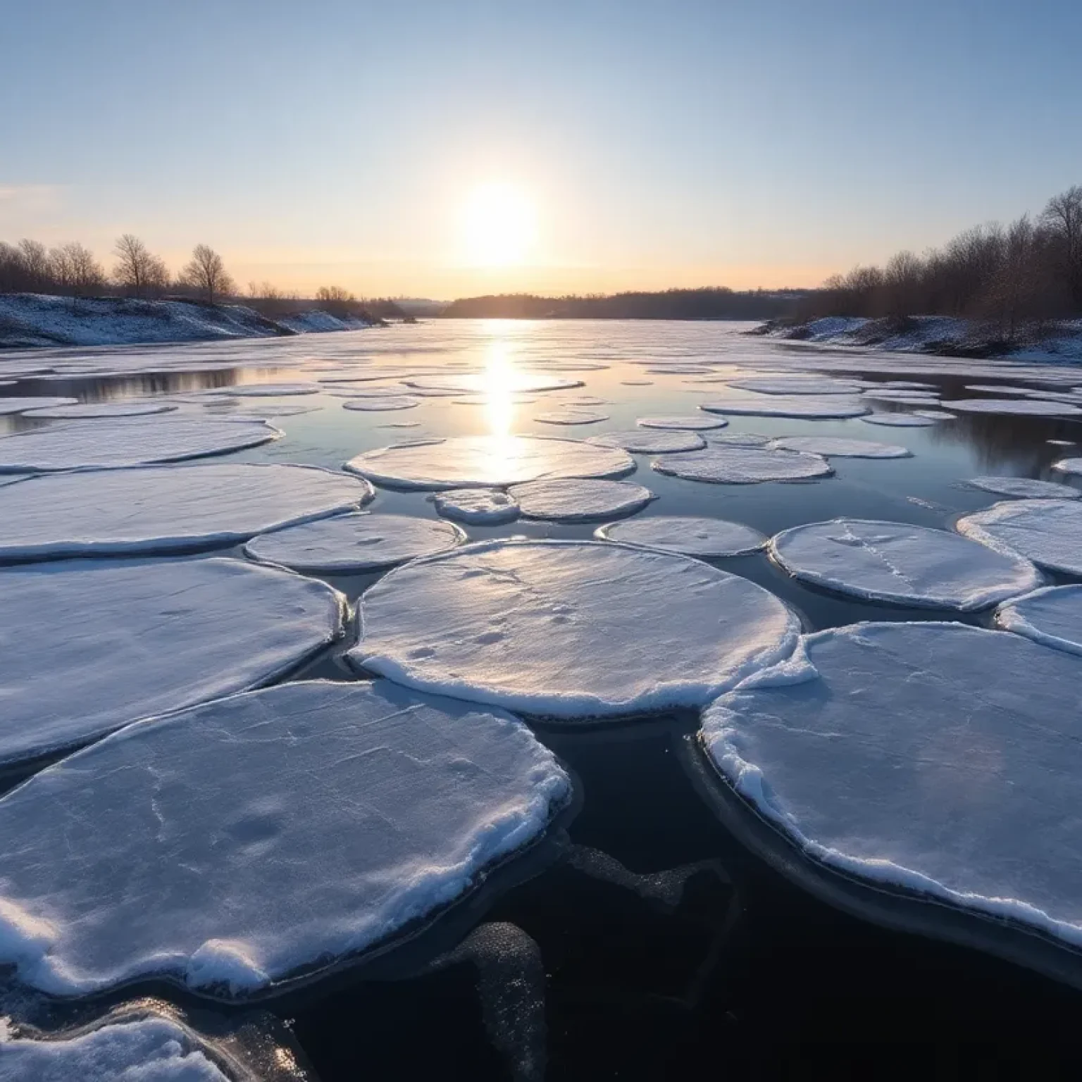 Pancake ice formations on the Missouri River during winter