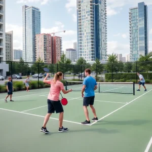 Outdoor pickleball court with noise mitigation technology.