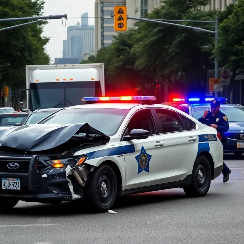 Scene depicting a police chase with a damaged patrol vehicle and a stolen truck