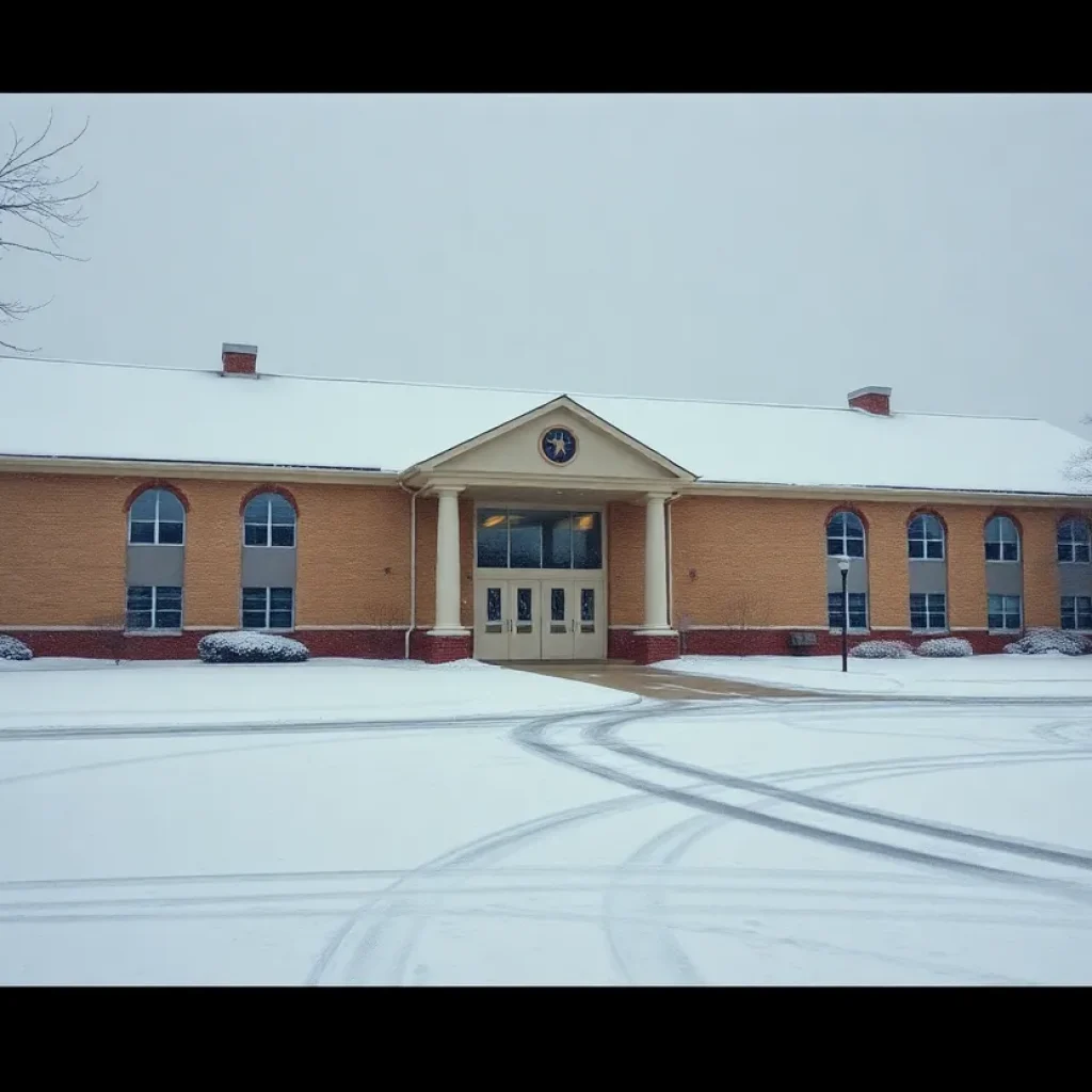 Winter scene of a school covered in snow