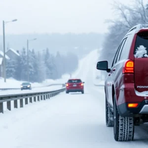 Snow-covered highway with an SUV