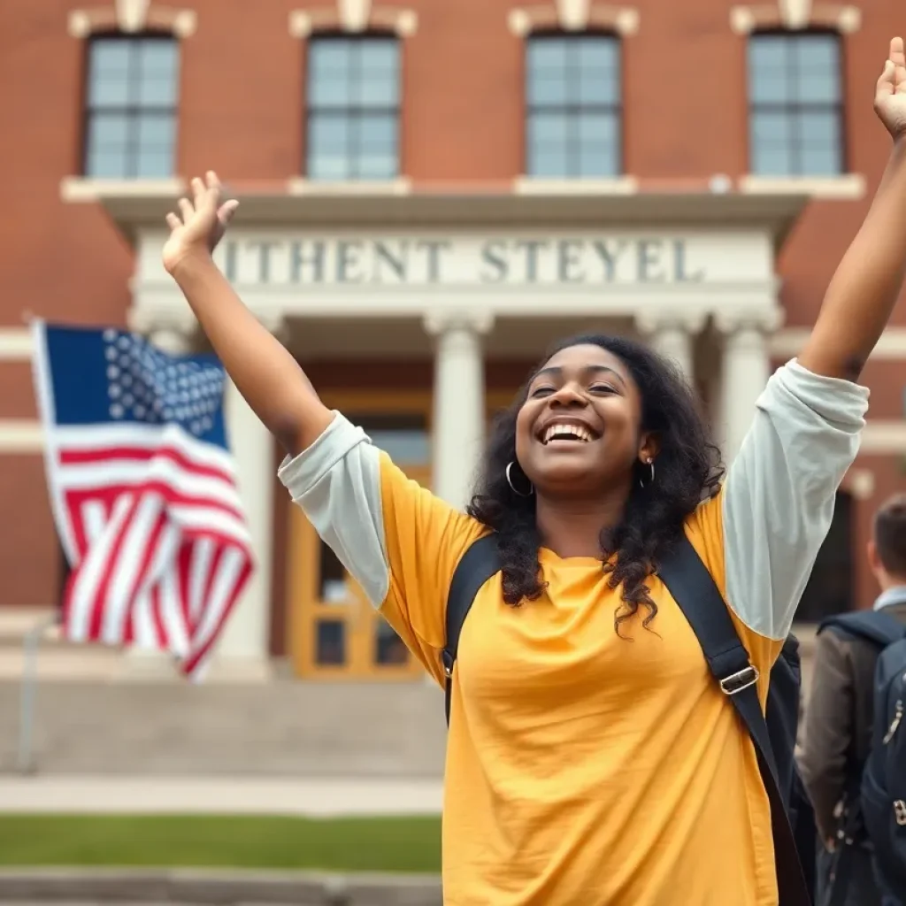 A college student celebrating a victory for free speech rights in front of a university.