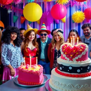 A lavish birthday party for Taylor Swift with colorful decorations and a heart-shaped cake.