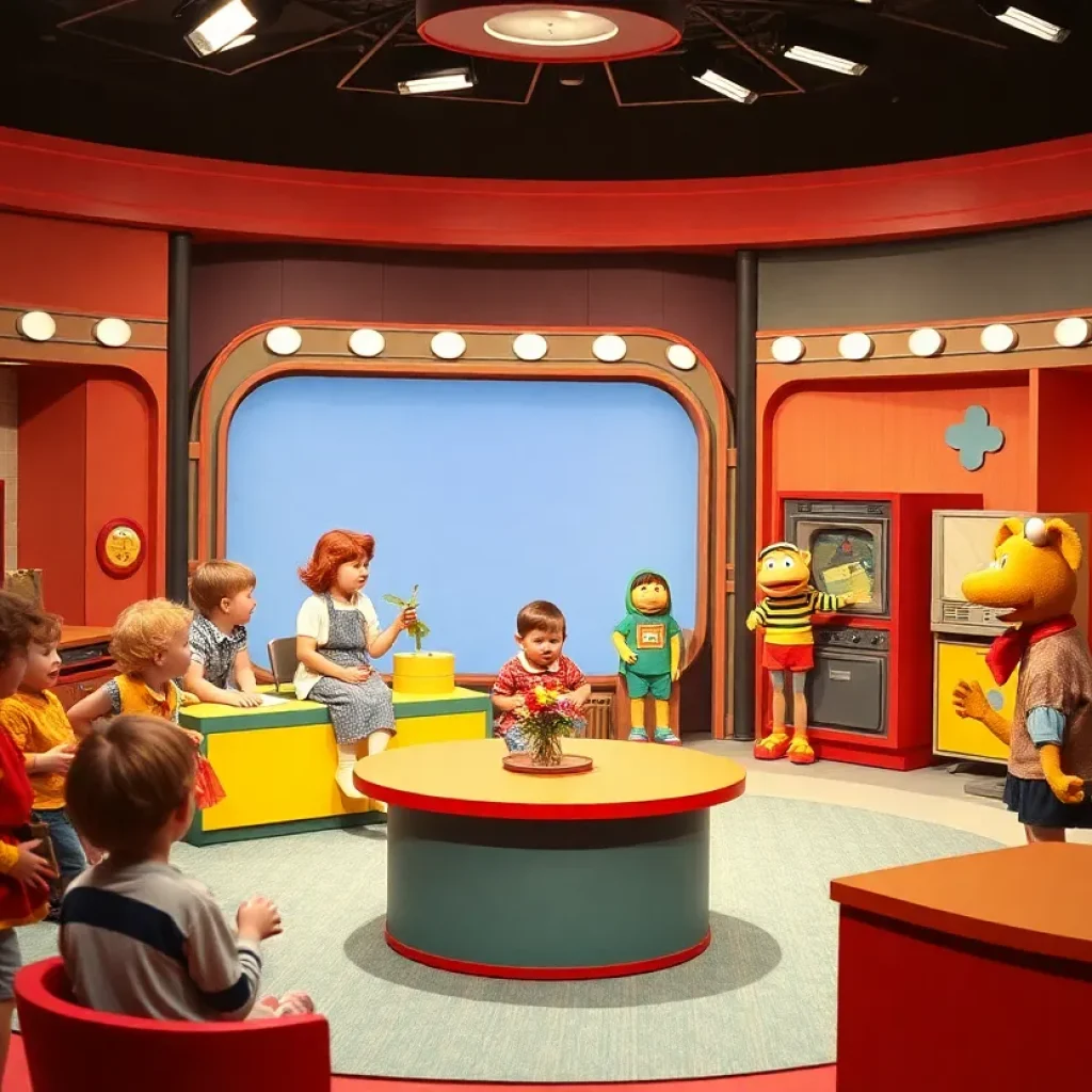 Children's television show studio reminiscent of the 1960s.