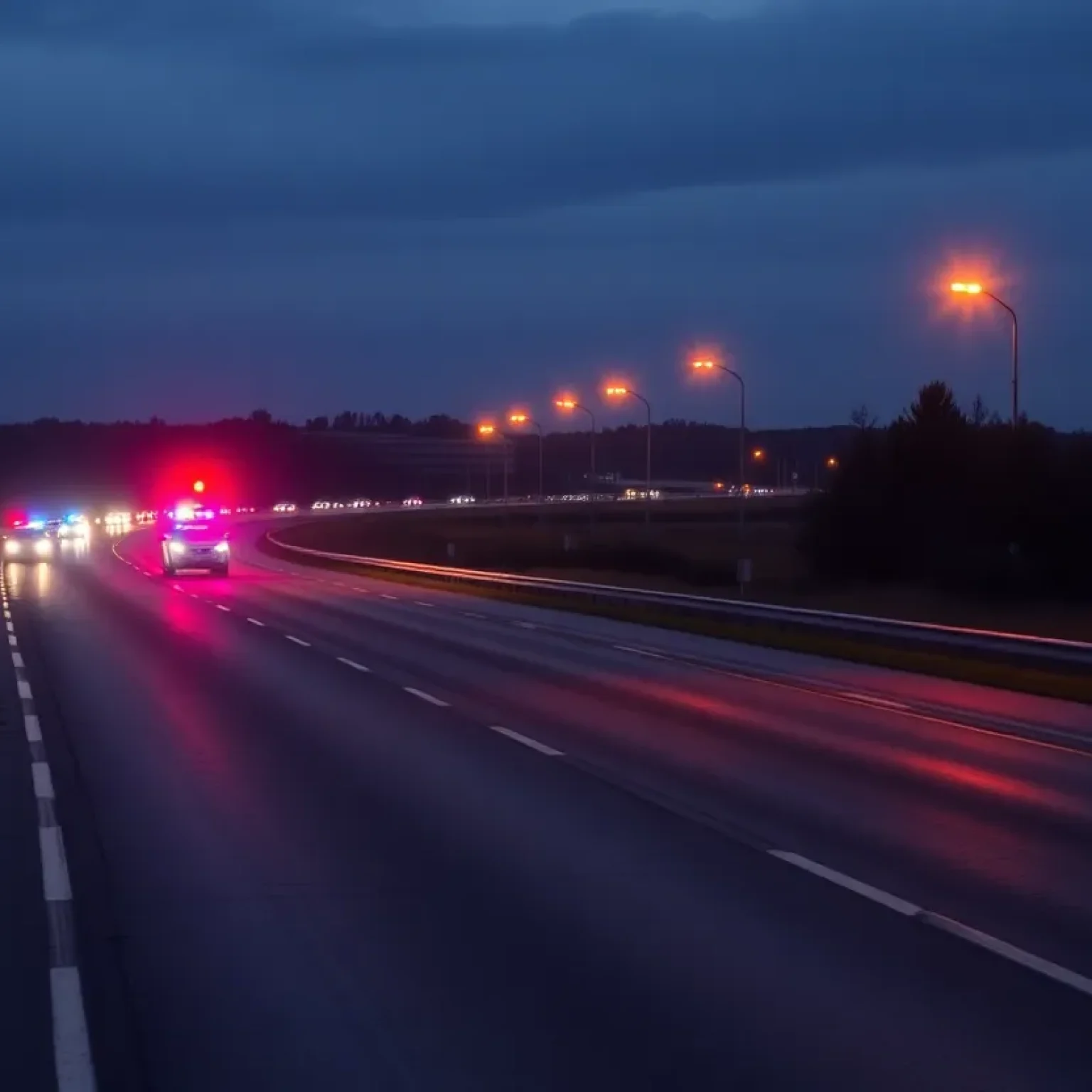 Police lights on empty Interstate highway after shooting incident