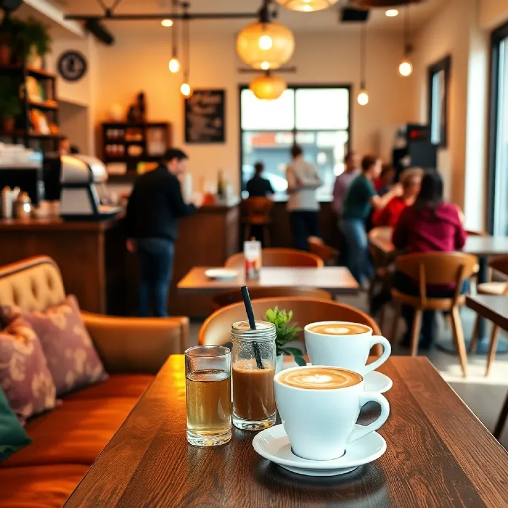 Interior view of a unique coffee shop in Missouri with customers and coffee being served.