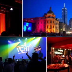 Collage of weekend activities in Kansas City including comedy, music, and food.