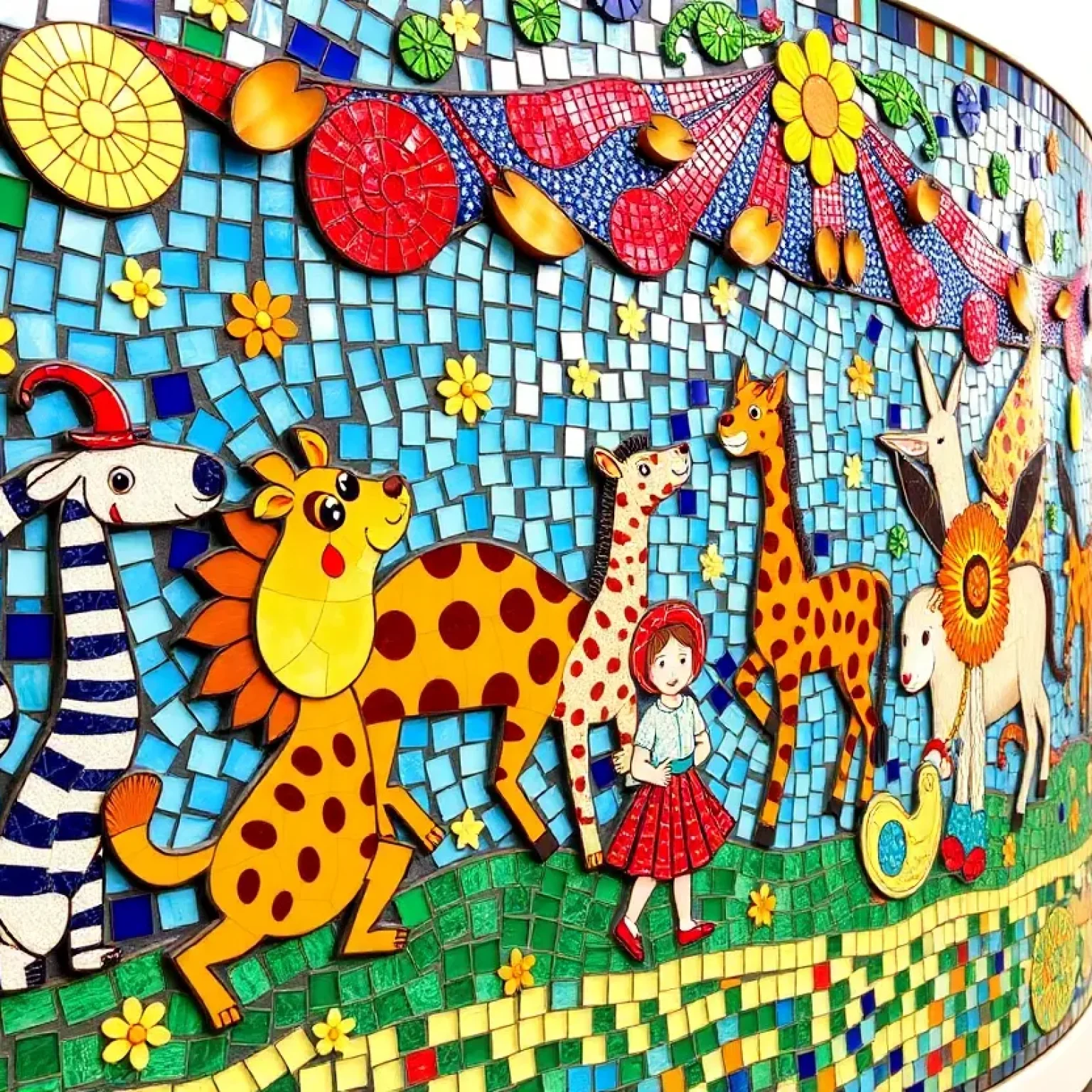 Mosaic featuring playful circus animals and children