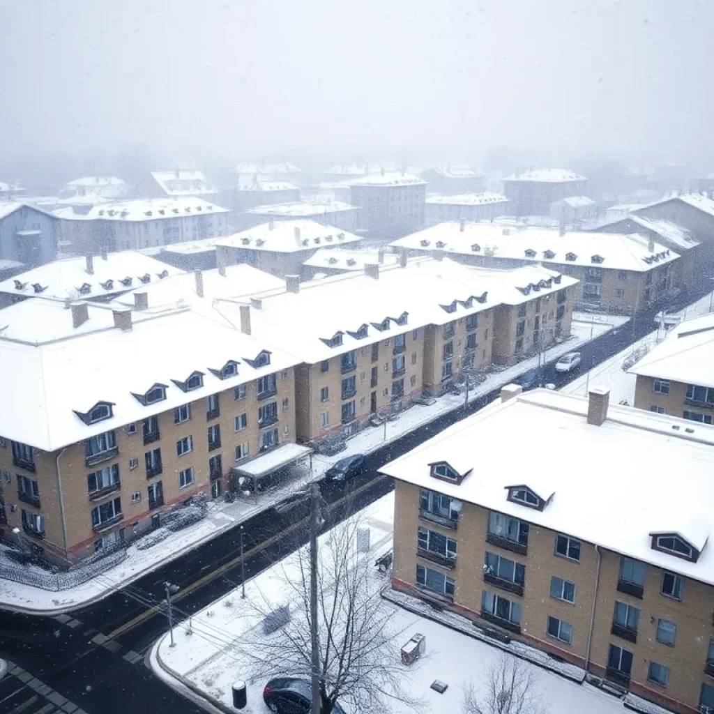 Snow-covered urban landscape during a winter storm