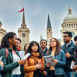 A group of young activists discussing around historic D.C. landmarks.